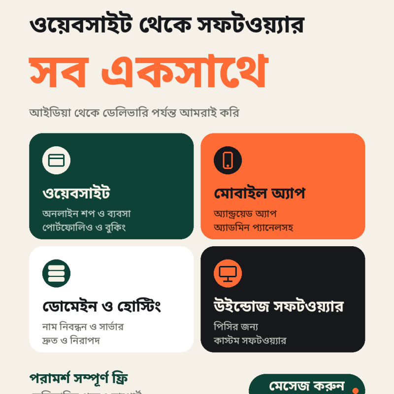 ওয়েবসাইট থেকে সফটওয়্যার, সব একসাথে! 🚀 আইডিয়া থেকে ডেলিভারি পর্যন্ত সবকিছু আমরাই করে দিই। আলাদা আলাদা জায়গায় ঘুরতে হবে না।