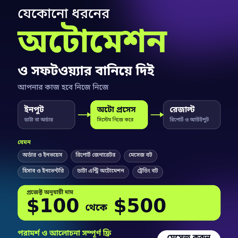 যেকোনো ধরনের অটোমেশন সিস্টেম বা সফটওয়্যার আমরা বানিয়ে দিই। আপনার কাজ হবে নিজে নিজে, সময় আর খরচ দুটোই বাঁচবে।